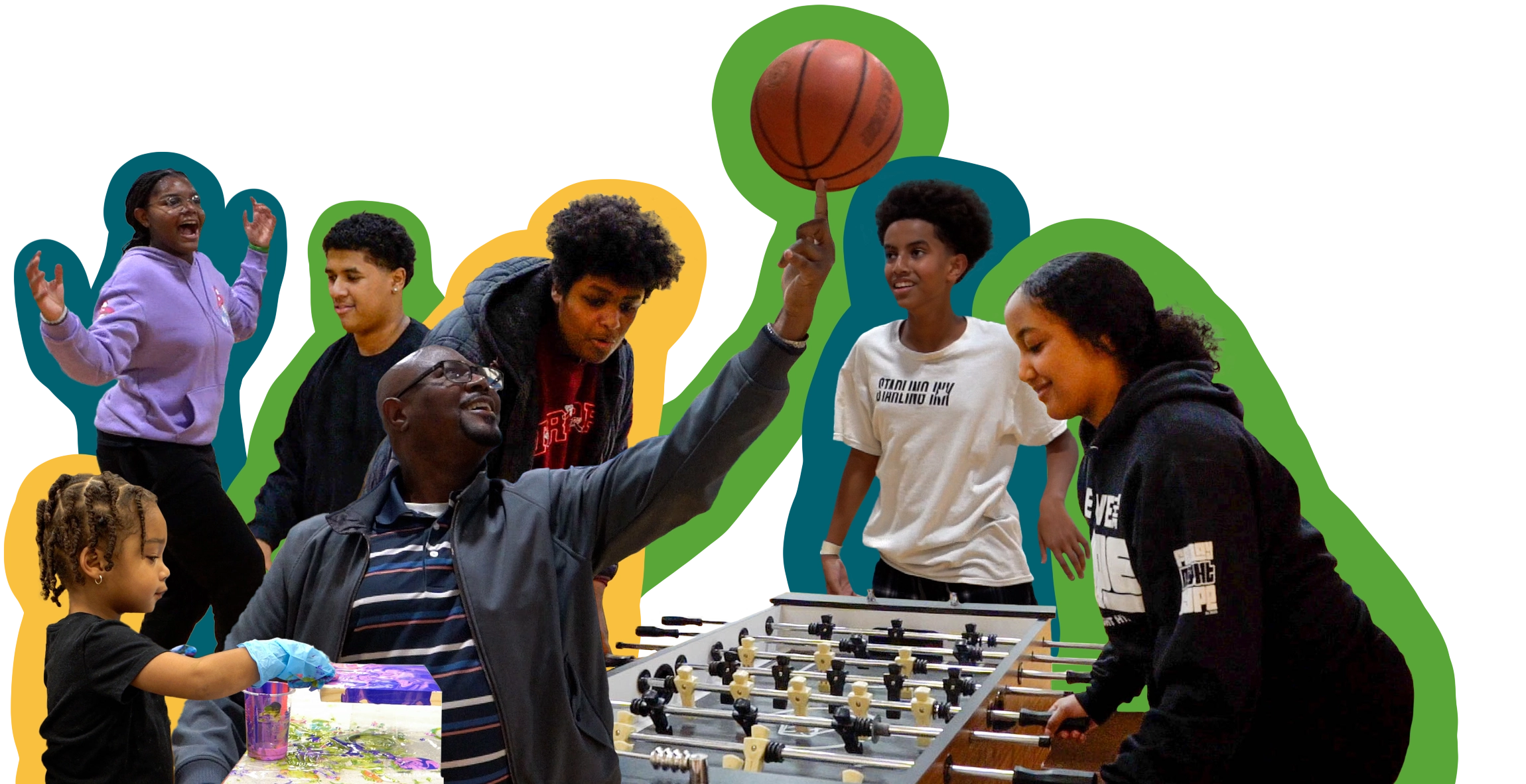 Collage of people of all ages participating in different activities such as painting, basketball, foosball, dancing, etc.